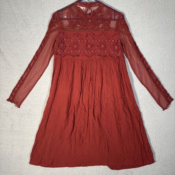 Sundance Mini Dress Womens Size 2 Rust Red Long Sleeve Lace Paneled Crochet Boho - Picture 11 of 14